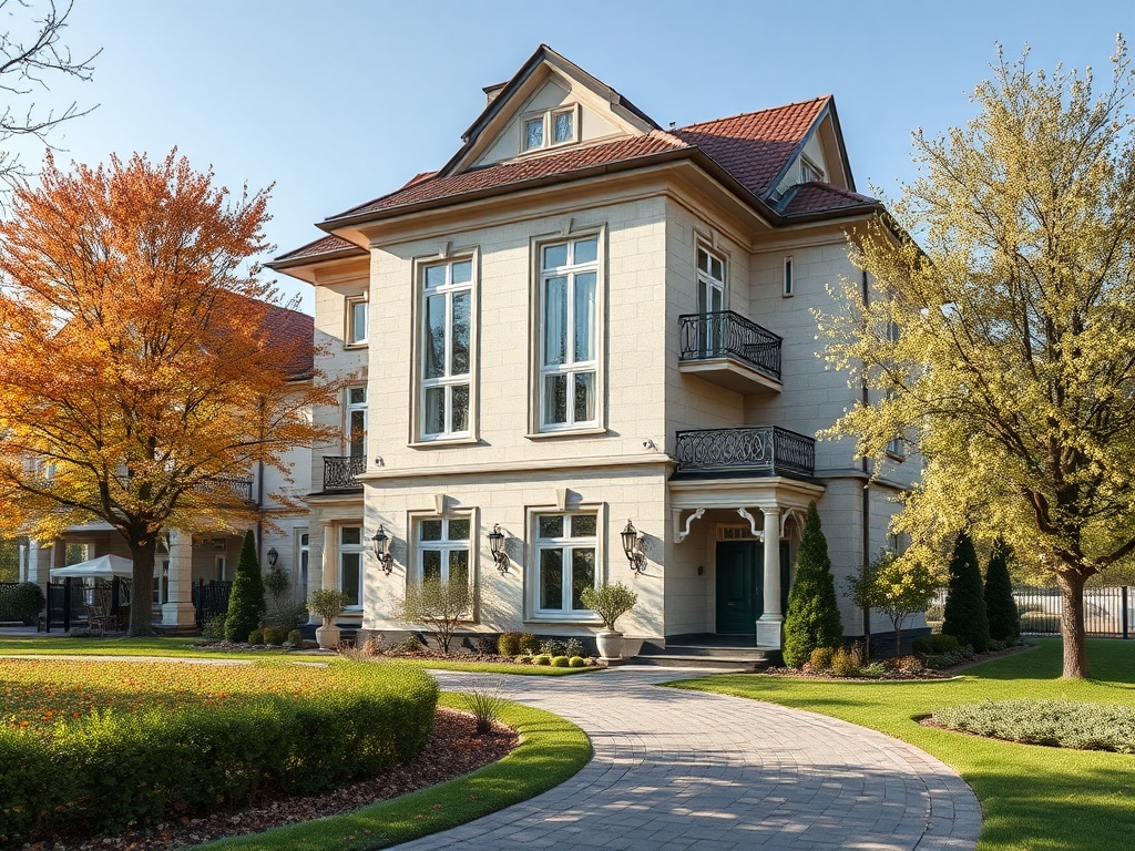 Красивая двухэтажная усадьба с зелёным ландшафтом и деревьями в осенней листве.