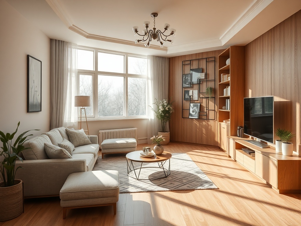 Светлая гостиная с современным дизайном, большим окном и уютной мебелью.