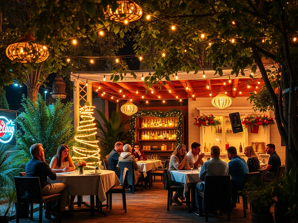 Уютный ресторан на вечер, освещённый гирляндами. Люди наслаждаются ужином на улице среди зелени.