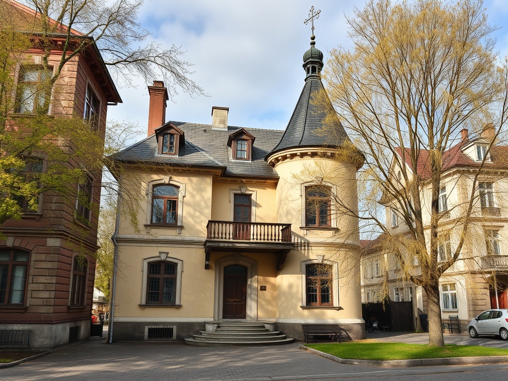 Жилой дом с rounded башенкой и крышей с черепицей, окружённый зелеными деревьями. Улица солнечная и спокойная.