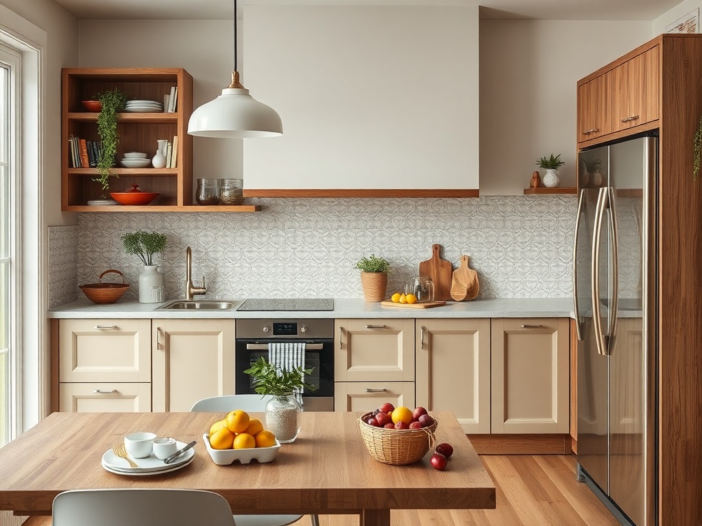 Современная кухня с деревянными фасадами, столом и фруктами на столе. Светлое и уютное пространство.