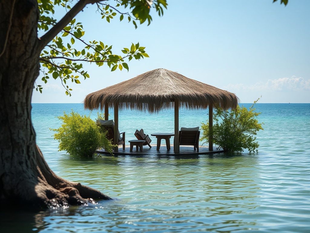 Небольшая деревянная площадка с пальмовой крышей на воде, окруженная зелеными растениями и спокойным морем.