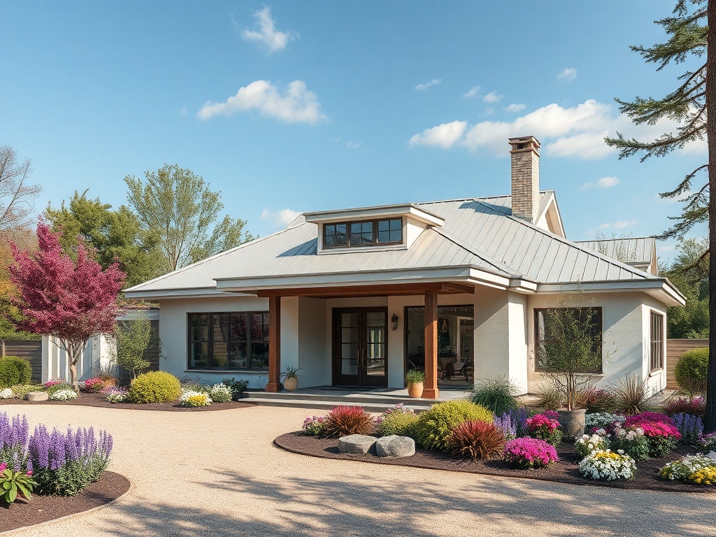 Современный дом с цветами и деревьями на фоне ясного неба и светлых облаков. Спокойная и уютная обстановка.