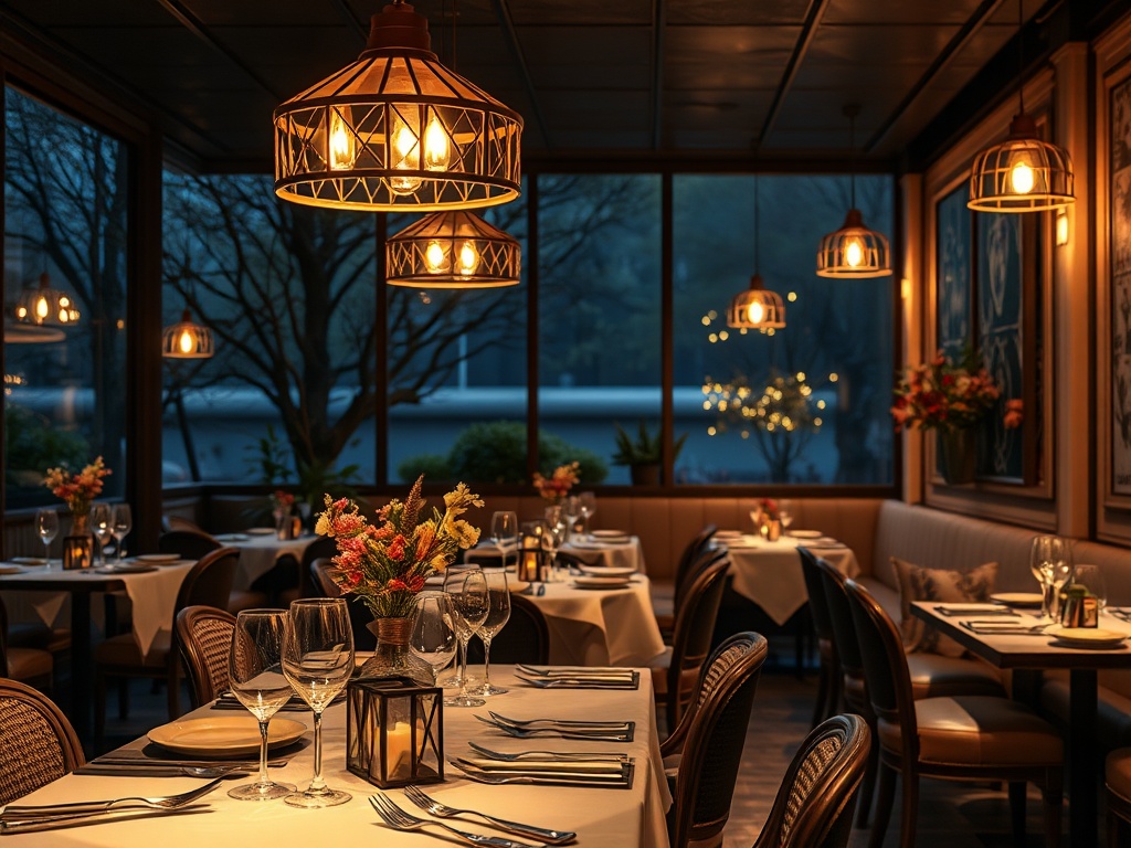 Уютный ресторан с высокими окнами, столами, цветами и мягким освещением в вечернее время.
