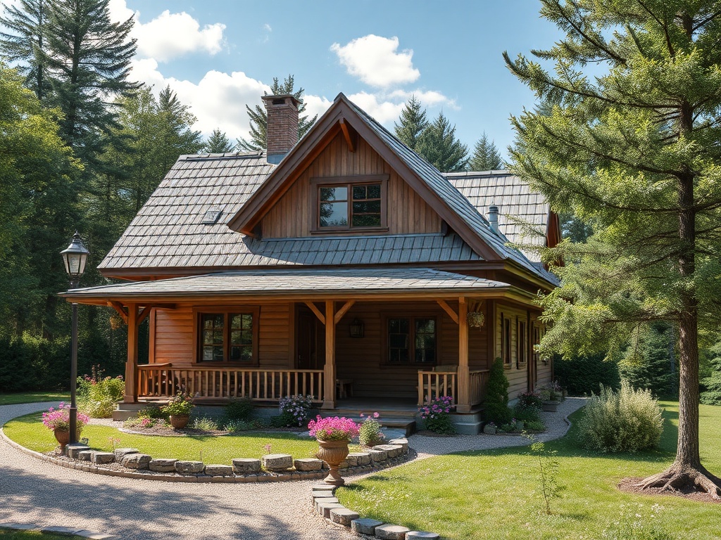 Красивый деревянный дом с крышей из листового металла, окруженный зеленью и цветами в солнечный день.