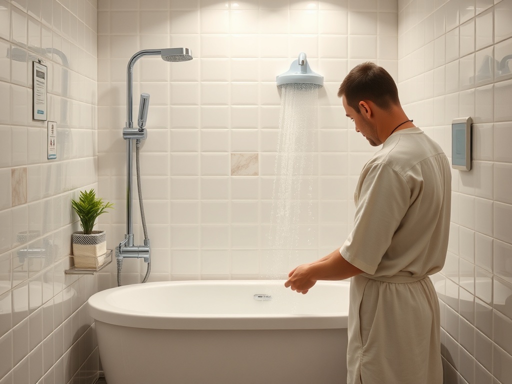 Мужчина в халате у ванной, принимает душ под настенным душем в современном светлом ванной комнате.