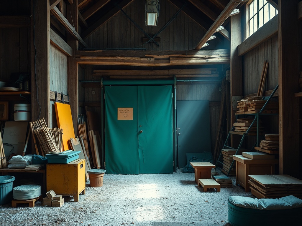 Складское помещение с зелеными дверями, деревянными полками и инструментами, освещенное мягким светом.
