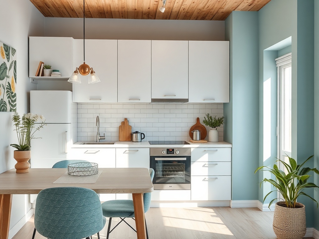 Современная кухня с белыми шкафами, деревянным потолком и уютной обеденной зоной. Зеленые растения добавляют свежести.