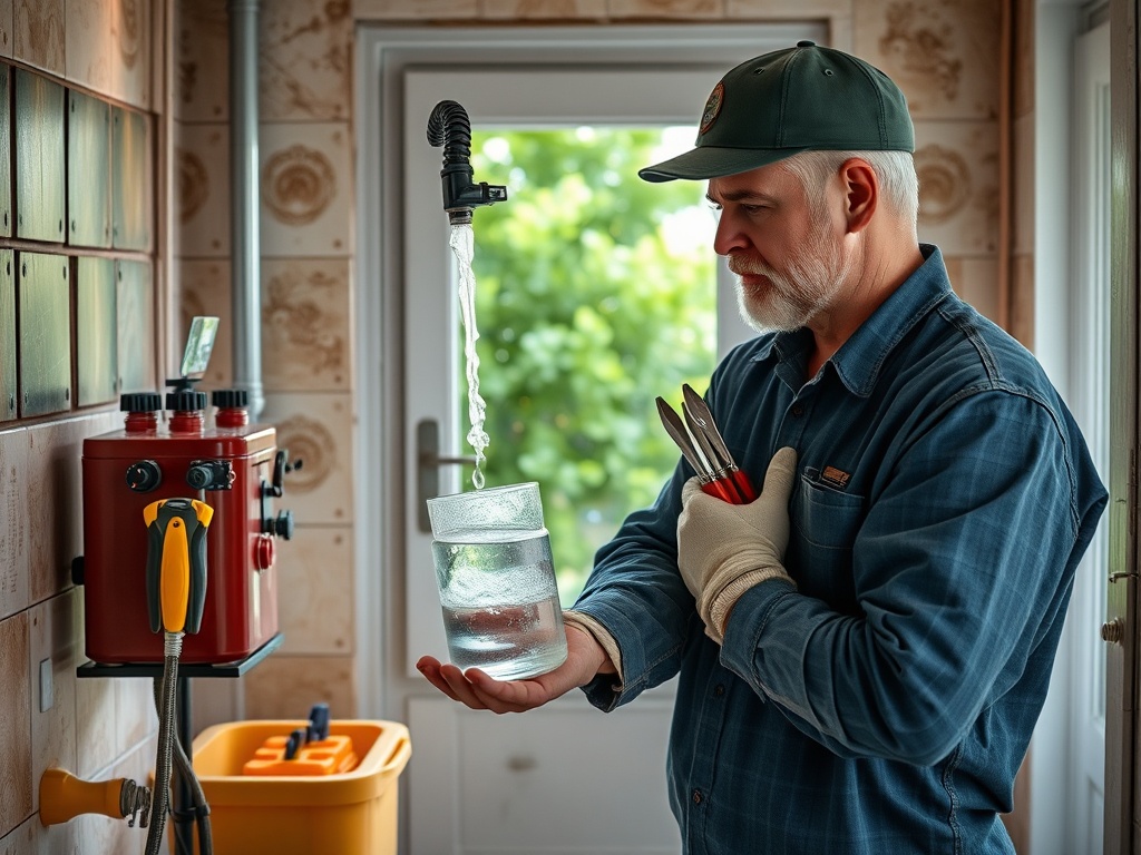 Человек в перчатках держит банку с водой, вокруг инструменты и оборудование в помещении.