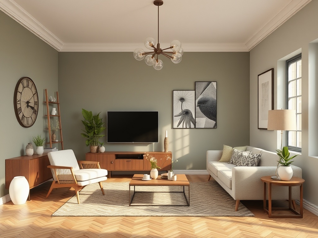 Современная гостиная с мягкой мебелью, телевизором и декоративными элементами на стенах. Теплый и уютный интерьер.