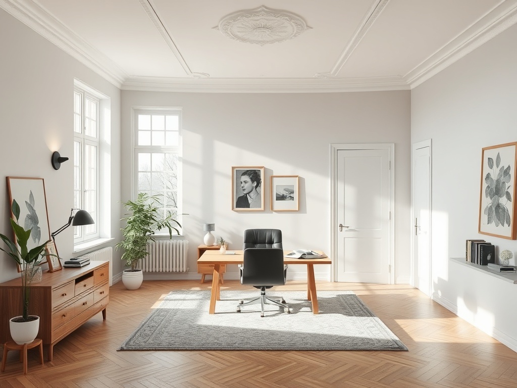 Современный офис с деревянной мебелью, растениями и большими окнами, наполненный светом.