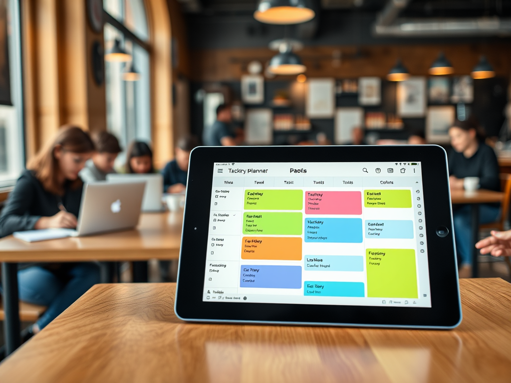 На планшете отображается приложение для планирования с цветными заметками и списками задач в кафе.