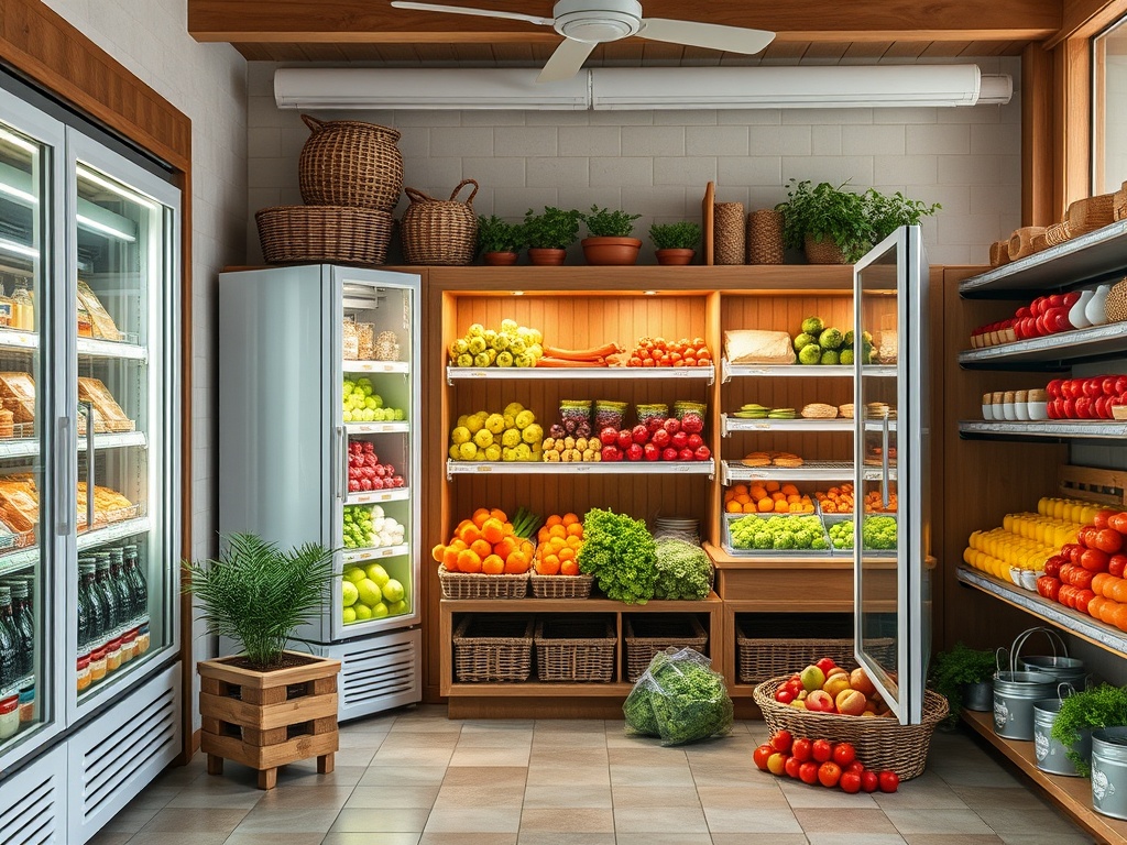 Светлое помещение с фруктами и овощами, полками и морозильником, оформленное в натуральных тонах.