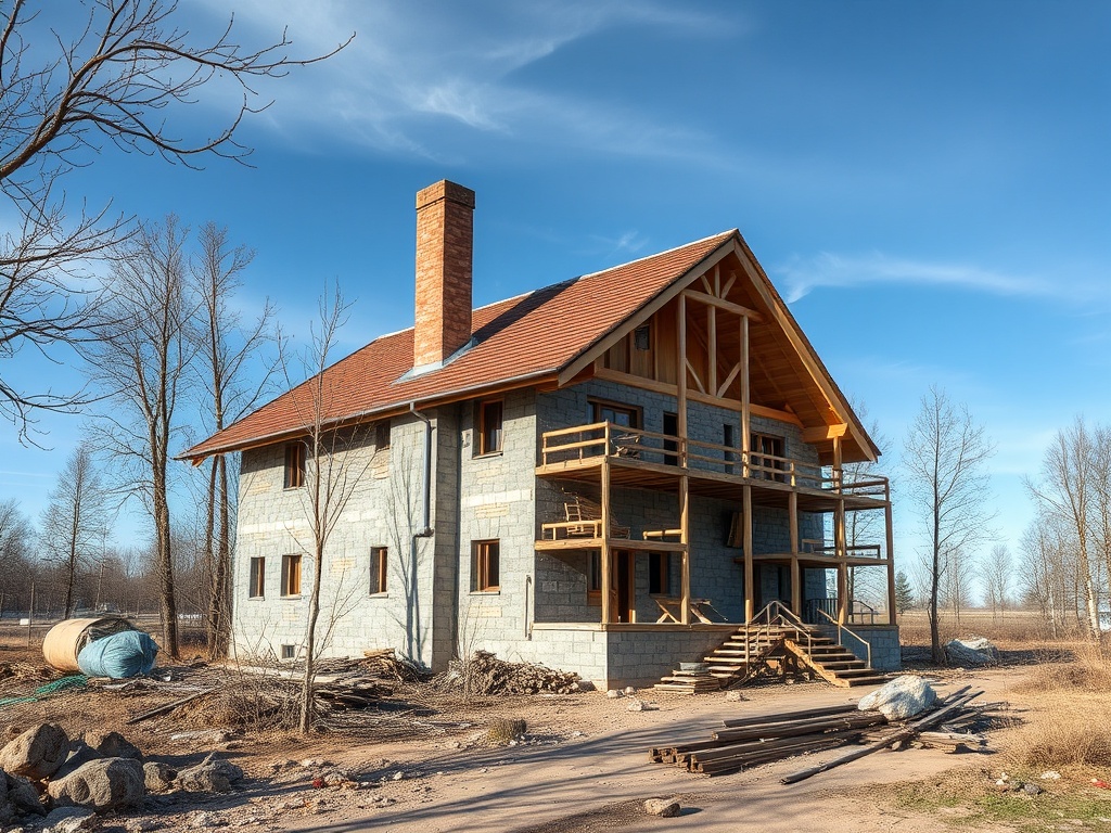 Строящийся дом из камня и дерева, окруженный пустым участком и голыми деревьями под голубым небом.