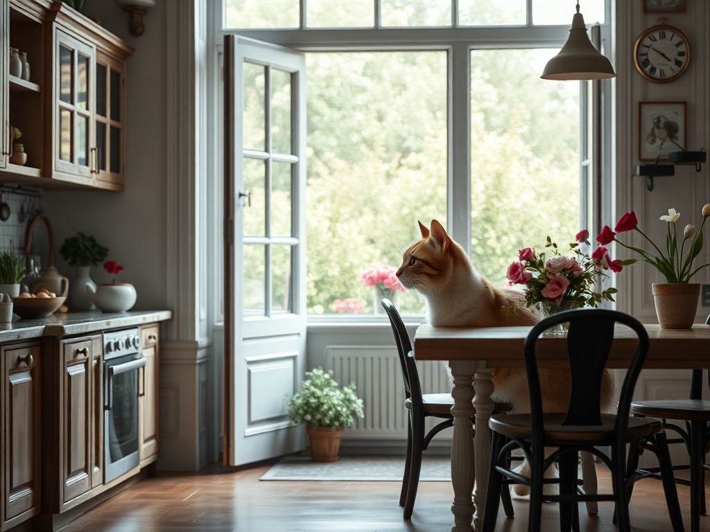 На кухне с открытой дверью сидит рыжий кот, рядом стоит стол с цветами и стулья. Светлое и уютное место.