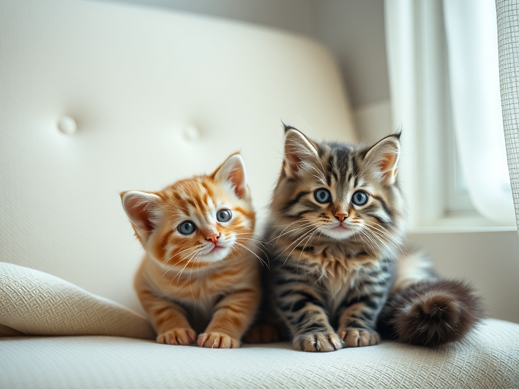Два котенка сидят на диване: один рыжий, а другой с полосками, оба с большими голубыми глазами.