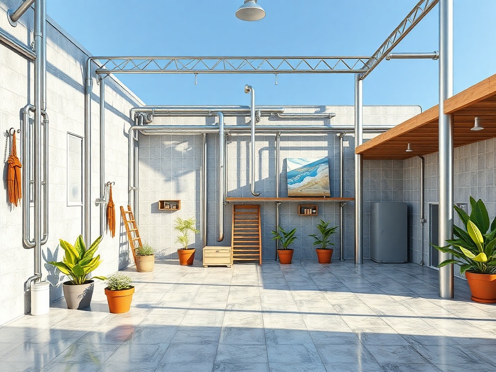 Современное помещение с металлическими трубами и зелеными растениями, светлая отделка и деревянные элементы.