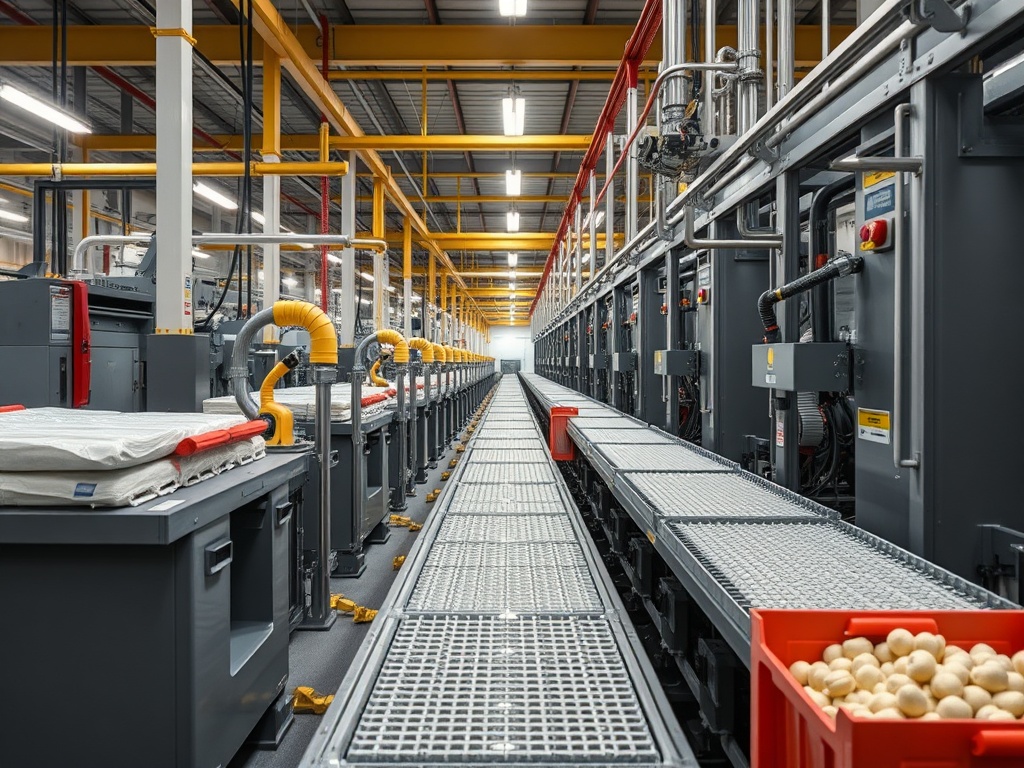 Современное производственное помещение с оборудованием и контейнерами для продукции.