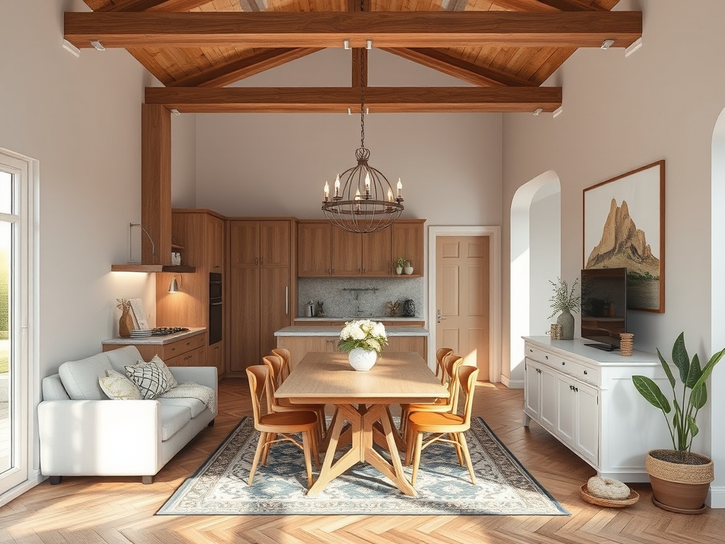 Современный интерьер кухни-столовой с деревянными элементами и уютной мебелью. Солнечный свет проникает внутрь.
