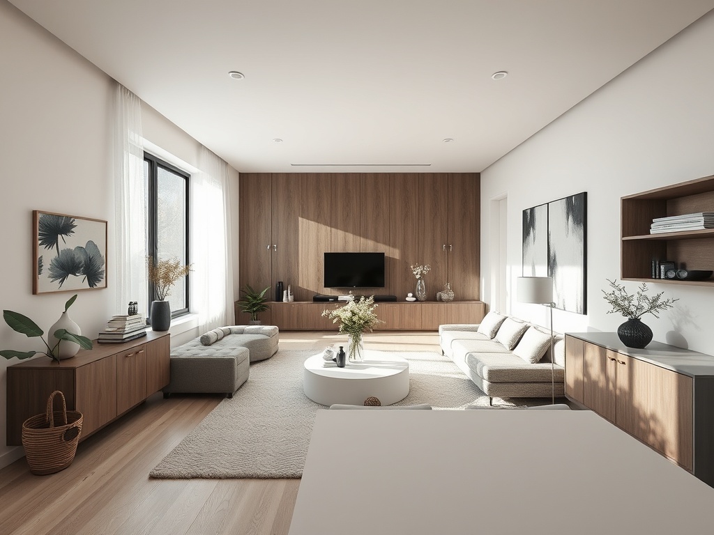 Современная гостиная с деревянными стенами, уютной мебелью и большим окном, наполненная светом и зеленью.