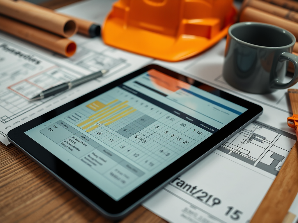На столе лежат строительные чертежи, планшет с таблицей, строительный каска и кружка.