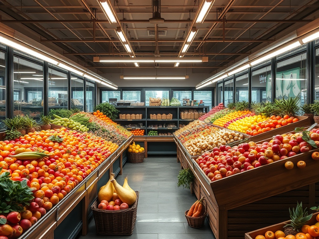 Яркий магазин с фруктами и овощами, аккуратно расположенными на полках в приятной атмосфере.